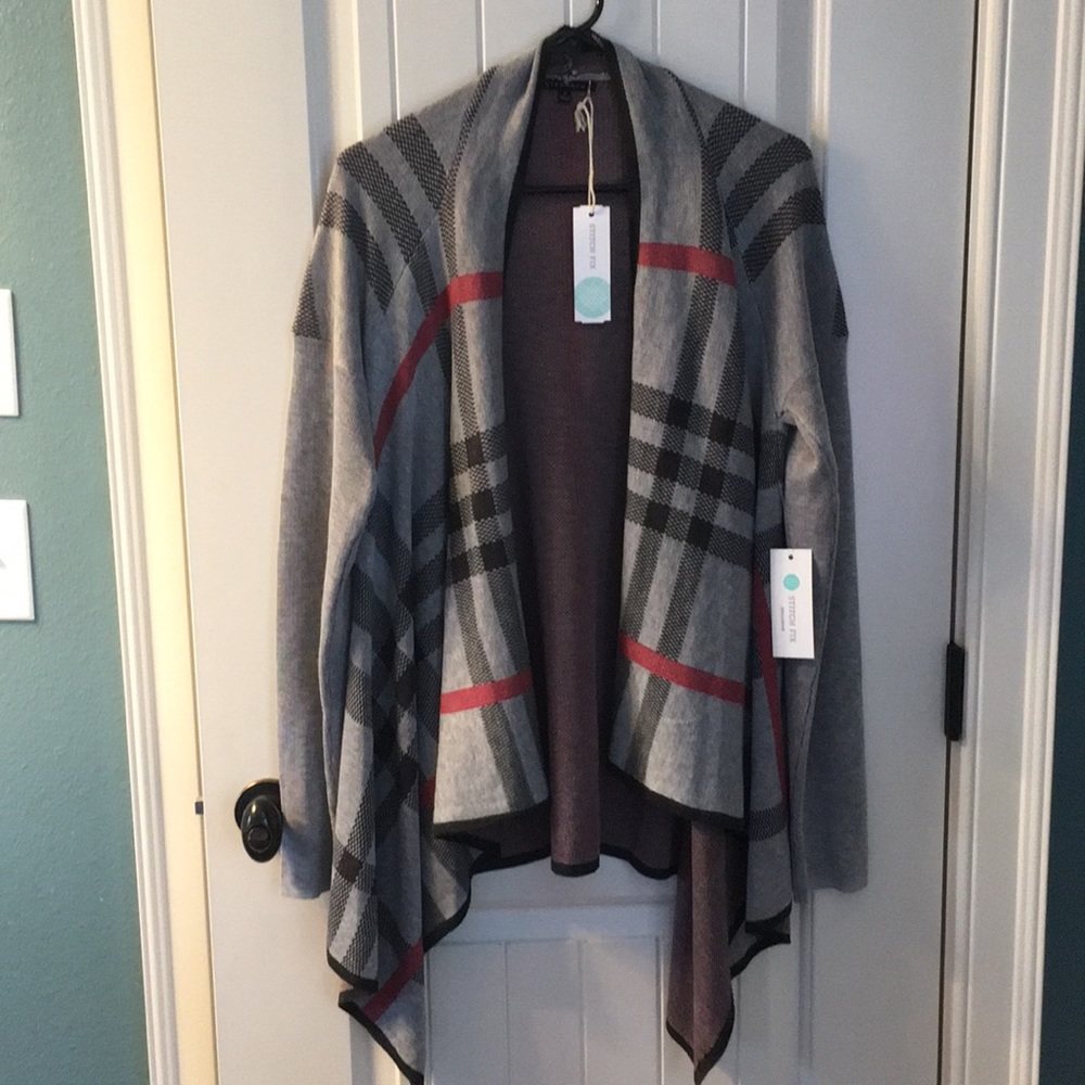Grey Plaid Cardigan Sweater